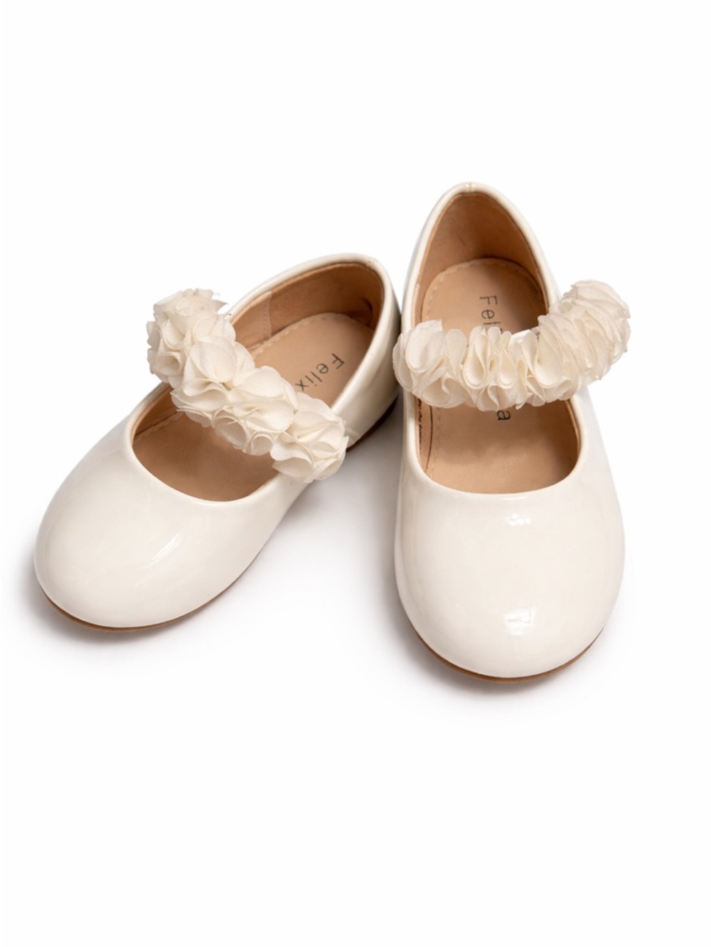 Girls White Patent Mary Jane Flats with Floral Strap